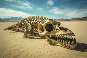 ai generato colossale Drago scheletro posare mezzo sepolto nel il deserto sabbie, un' inquietante promemoria di il energia quello una volta governato il terra. foto