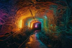 ai generato Rete di metropolitana tunnel collegato nascosto enclavi di mistico creature, un' segreto società nascosto a partire dal il occhi di umani. foto