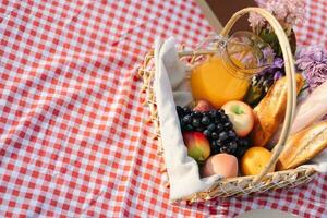 picnic pranzo pasto all'aperto parco con cibo picnic cestino. godendo picnic tempo nel parco natura all'aperto foto