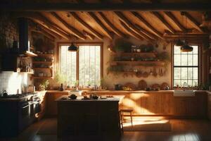 interno di un' accogliente casa con legna tavolo e finestra visualizzazioni, ai generato foto
