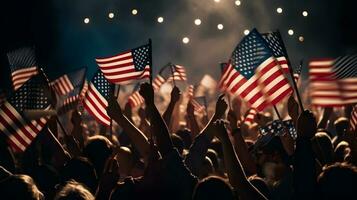 gruppo di persone celebrare il luglio 4 ° agitando con Stati Uniti d'America bandiere nel davanti di fuochi d'artificio. ai generato foto