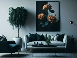 vivente camera interno design con divano e sedia e fiori su tavolo e mockup manifesto di fiori foto