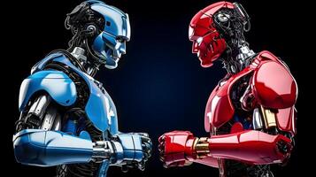 concorrenza di ai artificiale intelligenza tecnologia attività commerciale concetto, rosso e blu ai artificiale intelligenza umanoide robot boxe viso via un' concorrente nel un' boxe incontro, generativo ai illustrazione foto