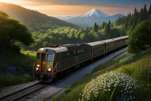 un' treno nel il giungla con tramonto. generativo ai. foto