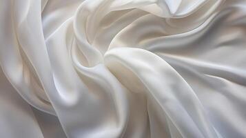 un' bianca seta stoffa è drappeggiato al di sopra di un' tavolo con morbido leggero su esso, e via bianca tessuto Materiale sfondo. ai generato foto