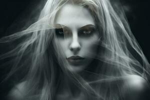 un' raccapricciante donna con un' buio spaventoso rendere su creato con generativo ai tecnologia. foto