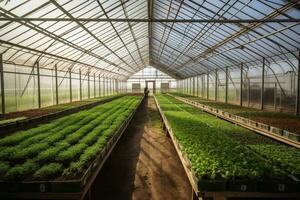 Visualizza di un' grande serra a partire dal dentro per verdura produzione creato con generativo ai tecnologia. foto