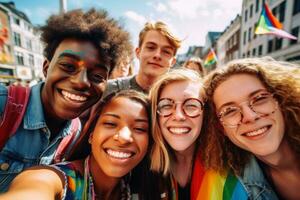 giovane persone festeggiare orgoglio LGBTQ creato con generativo ai tecnologia. foto