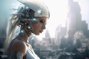 un' bellissimo femmina cyborg nel davanti di un' futuristico città creato con generativo ai tecnologia. foto