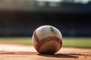 vicino su di un' baseball con un' campo di gioco sfondo creato con generativo ai tecnologia. foto