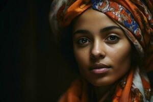vicino su Visualizza di un' giovane donna con un' foulard creato con generativo ai tecnologia. foto