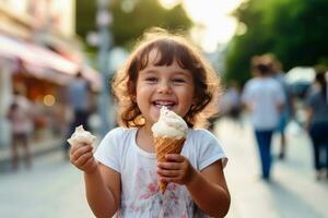 un' contento bambino con ghiaccio crema creato con generativo ai tecnologia. foto