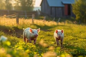 maiali su un' verde prato su un' azienda agricola creato con generativo ai tecnologia. foto