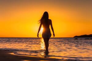 attraente donna indossare un' bikini a il spiaggia durante tramonto creato con generativo ai tecnologia. foto