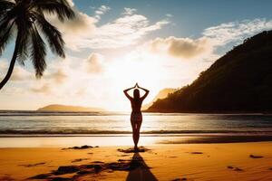 un' giovane donna fa yoga nel il sole a un' tropicale spiaggia creato con generativo ai tecnologia. foto