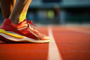 vicino su di un' umano sport scarpe su un' gli sport campo creato con generativo ai tecnologia. foto