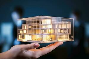 un architetto Tenere il modello di un' moderno edificio creato con generativo ai tecnologia. foto