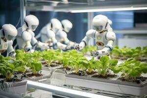 robot lattuga impianti nel laboratorio futuristico robotica agricoltori trasformando agricoltura con Avanzate tecnologia azienda agricola automazione ai generato foto