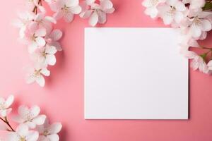 fioriture rosa fiore e bianca piazza telaio creativo disposizione per pubblicità carta o invito ai generato foto