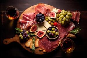 antipasto perfezione superiore Visualizza di salumi tavola con prosciutto, salame, olive, e rosa vino ideale per menu e libri di cucina ai generato foto