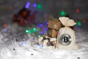 inverno vacanze sfondo il sacco con bitcoin. foto