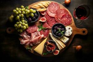 antipasto perfezione superiore Visualizza di salumi tavola con prosciutto, salame, olive, e rosa vino ideale per menu e libri di cucina ai generato foto