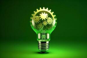 ingranaggio su idee con verde leggero lampadina, ai generato foto