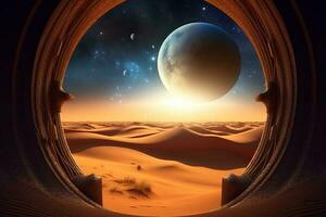 mistico deserto portale con dune, latteo modo sopra, ai generato foto