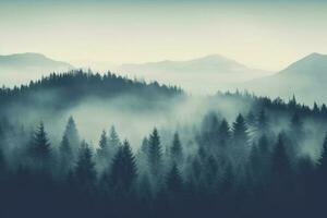 incantevole nebbia Vintage ▾ retrò fricchettone stile abete foresta paesaggio ai generato foto