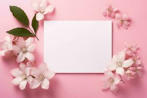 fioriture rosa fiore e bianca piazza telaio creativo disposizione per pubblicità carta o invito ai generato foto