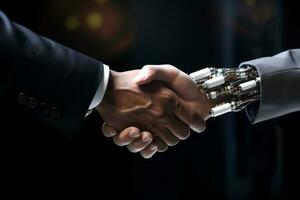uomo d'affari tremante mano con un' robot. innovazione futuristico stretta di mano fra uomo e robotica generativo ai foto