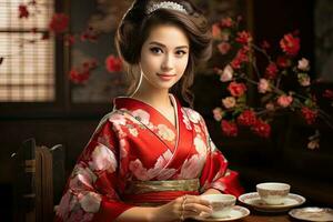 bellissimo giapponese chimono ragazza bevanda tè creato con generativo al tecnologia foto