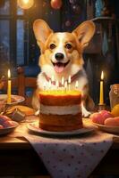 corgi si siede a un' tavolo con un' torta e candele. cane compleanno. generativo ai foto