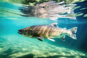 maestoso norvegese salmone nel chiaro montagna fiume - generativo ai foto