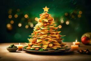 Natale albero ornato con merenda patatine fritte - non convenzionale yuletide eleganza - generativo ai foto