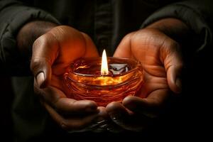 Abbracciare una persona buio, mani culla il caldo splendore di lume di candela ai generato foto