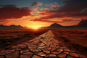 sera tramonto si illumina un' dominato dalla siccità deserto, un' metafora per globale riscaldamento ai generato foto