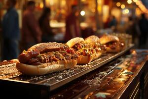 carnevale sapori, bratwurst nel un' panino, mostarda, e scintillio luci di giusto ai generato foto