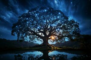 maestoso alberi In piedi sotto un' mozzafiato latteo illuminato notte cielo ai generato foto