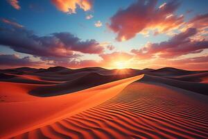 simbolico di globale riscaldamento, solitario sabbia dune sotto un' drammatico tramonto ai generato foto