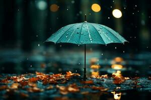 ombrello fornisce riparo in mezzo acqua goccioline nel un' piovoso tempo metereologico concetto ai generato foto