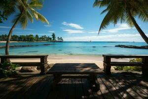 immagine perfetta vacanza scena, spiaggia, di legno piattaforma, palma alberi, azzurro acque ai generato foto