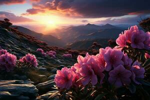 un' ipnotizzante paesaggio, tramonto montagne ornato con vivace rododendro fiori ai generato foto