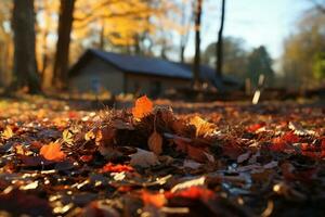 radura il cortile di autunno fogliame con un' rastrello ai generato foto