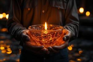 lume di candela sfarfallio nel il mani, portando leggero per il buio ai generato foto