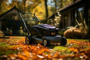 pulizia il giardino di raccolta le foglie e erba nel autunno ai generato foto