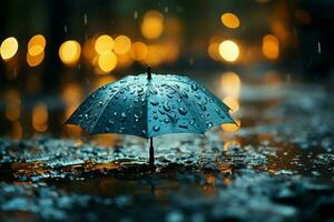 piovoso tempo metereologico concetto catturato con un ombrello e acqua far cadere spruzzi ai generato foto