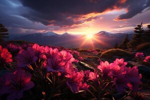 un' ipnotizzante paesaggio, tramonto montagne ornato con vivace rododendro fiori ai generato foto