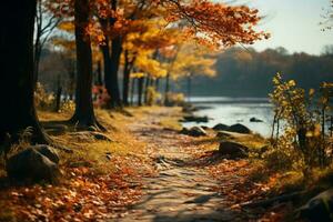 un' pittoresco autunno ambientazione dipinto nel giallo sfumature, crogiolarsi nel luce del sole ai generato foto