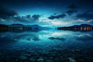 tranquillo notte lago sotto un' scuro, infinito blu orizzonte ai generato foto